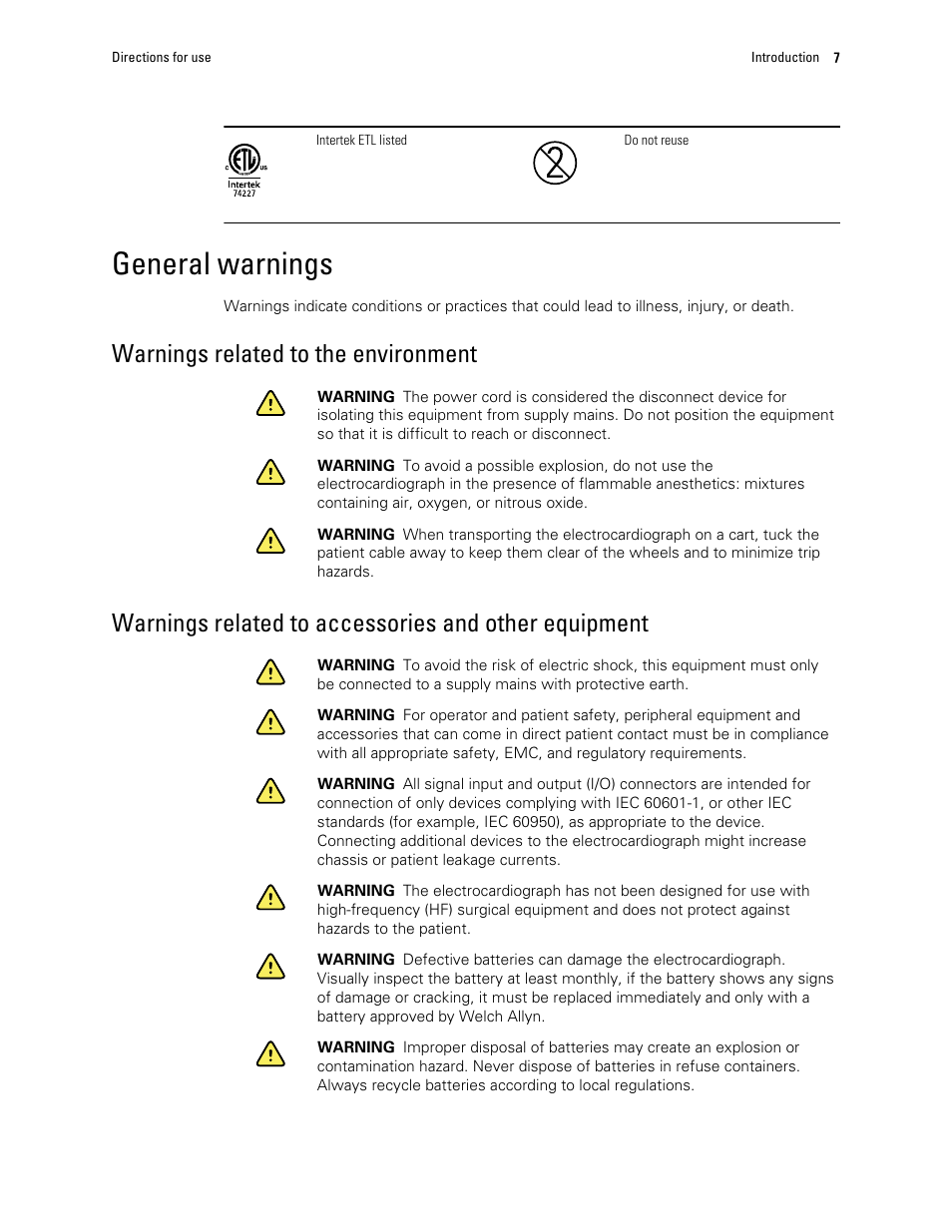 General warnings, Warnings related to the environment | Welch Allyn CP 150 12-lead resting electrocardiograph v.2.00.XX - User Manual User Manual | Page 11 / 58