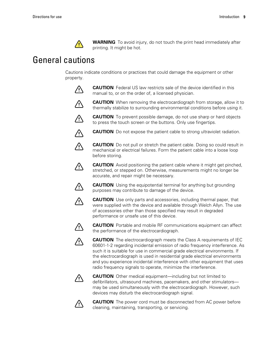 General cautions | Welch Allyn CP 150 12-lead resting electrocardiograph v.2.00.XX - User Manual User Manual | Page 13 / 58