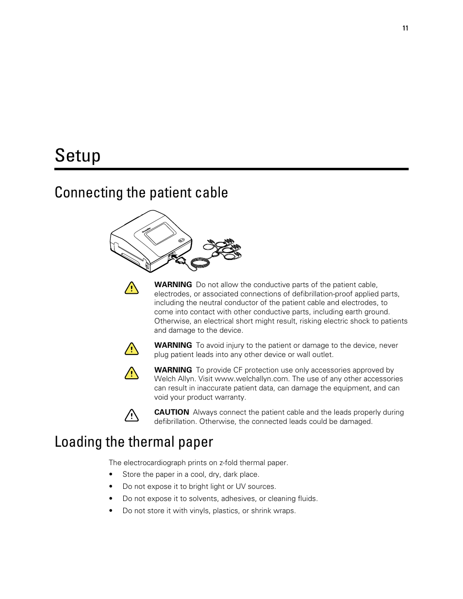 Setup, Connecting the patient cable, Loading the thermal paper | Welch Allyn CP 150 12-lead resting electrocardiograph v.2.00.XX - User Manual User Manual | Page 15 / 58