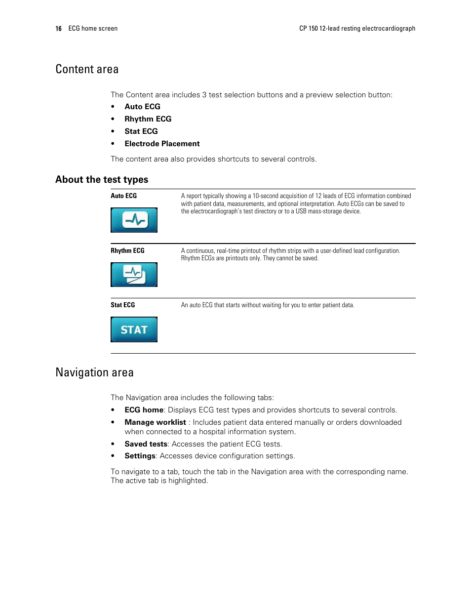 Content area, About the test types, Navigation area | Welch Allyn CP 150 12-lead resting electrocardiograph v.2.00.XX - User Manual User Manual | Page 20 / 58