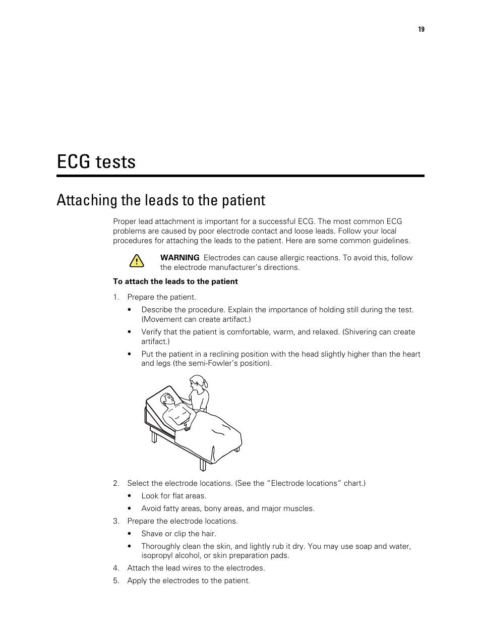 Ecg tests, Attaching the leads to the patient | Welch Allyn CP 150 12-lead resting electrocardiograph v.2.00.XX - User Manual User Manual | Page 23 / 58