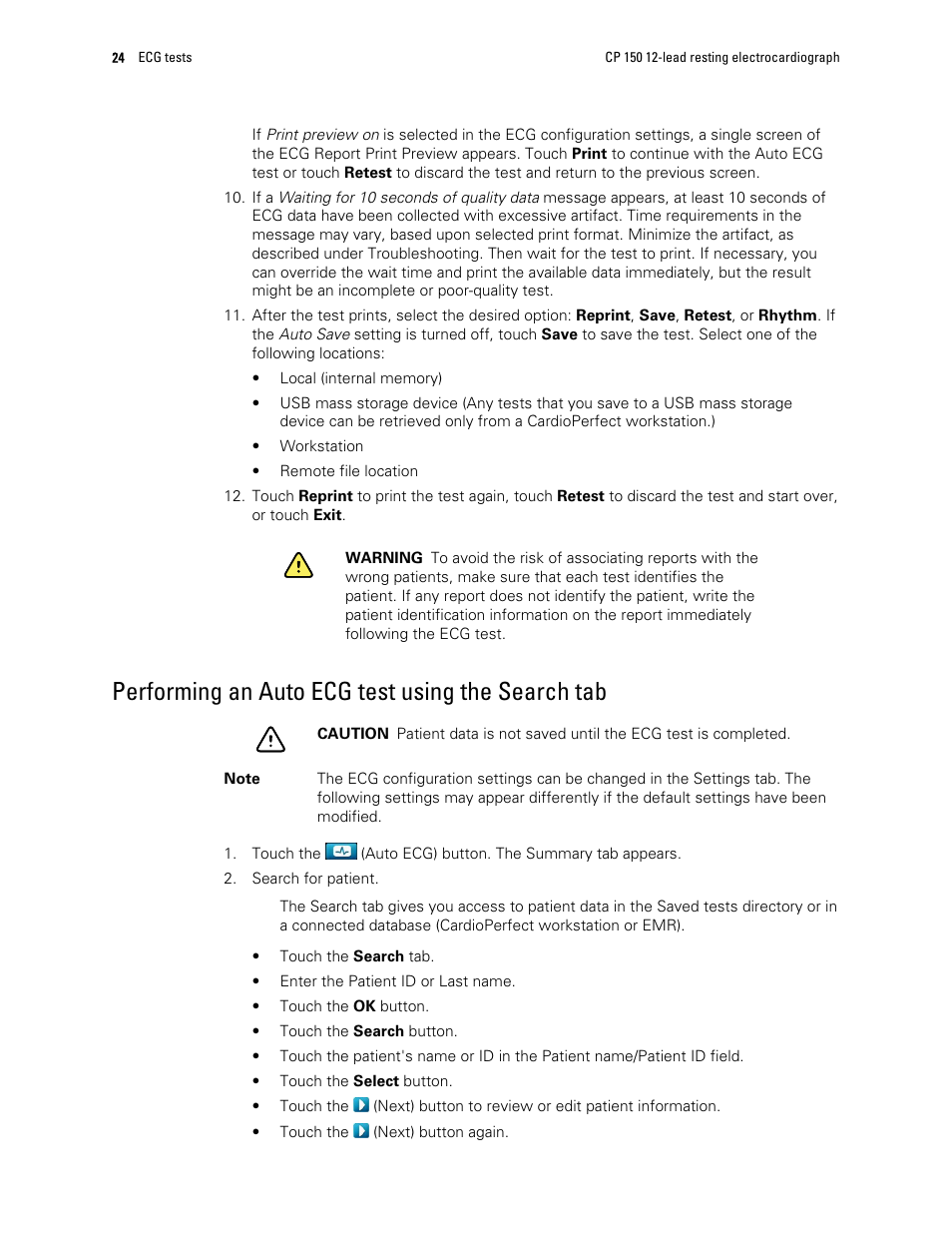 Performing an auto ecg test using the search tab | Welch Allyn CP 150 12-lead resting electrocardiograph v.2.00.XX - User Manual User Manual | Page 28 / 58