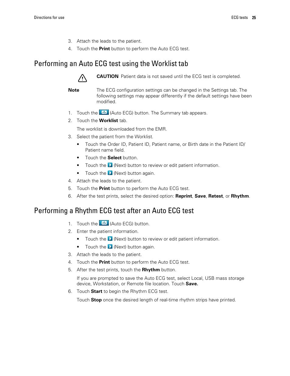 Performing an auto ecg test using the worklist tab | Welch Allyn CP 150 12-lead resting electrocardiograph v.2.00.XX - User Manual User Manual | Page 29 / 58