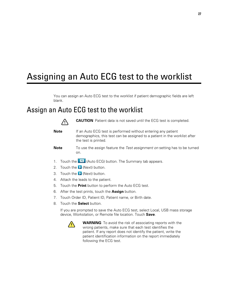 Assigning an auto ecg test to the worklist, Assign an auto ecg test to the worklist | Welch Allyn CP 150 12-lead resting electrocardiograph v.2.00.XX - User Manual User Manual | Page 31 / 58