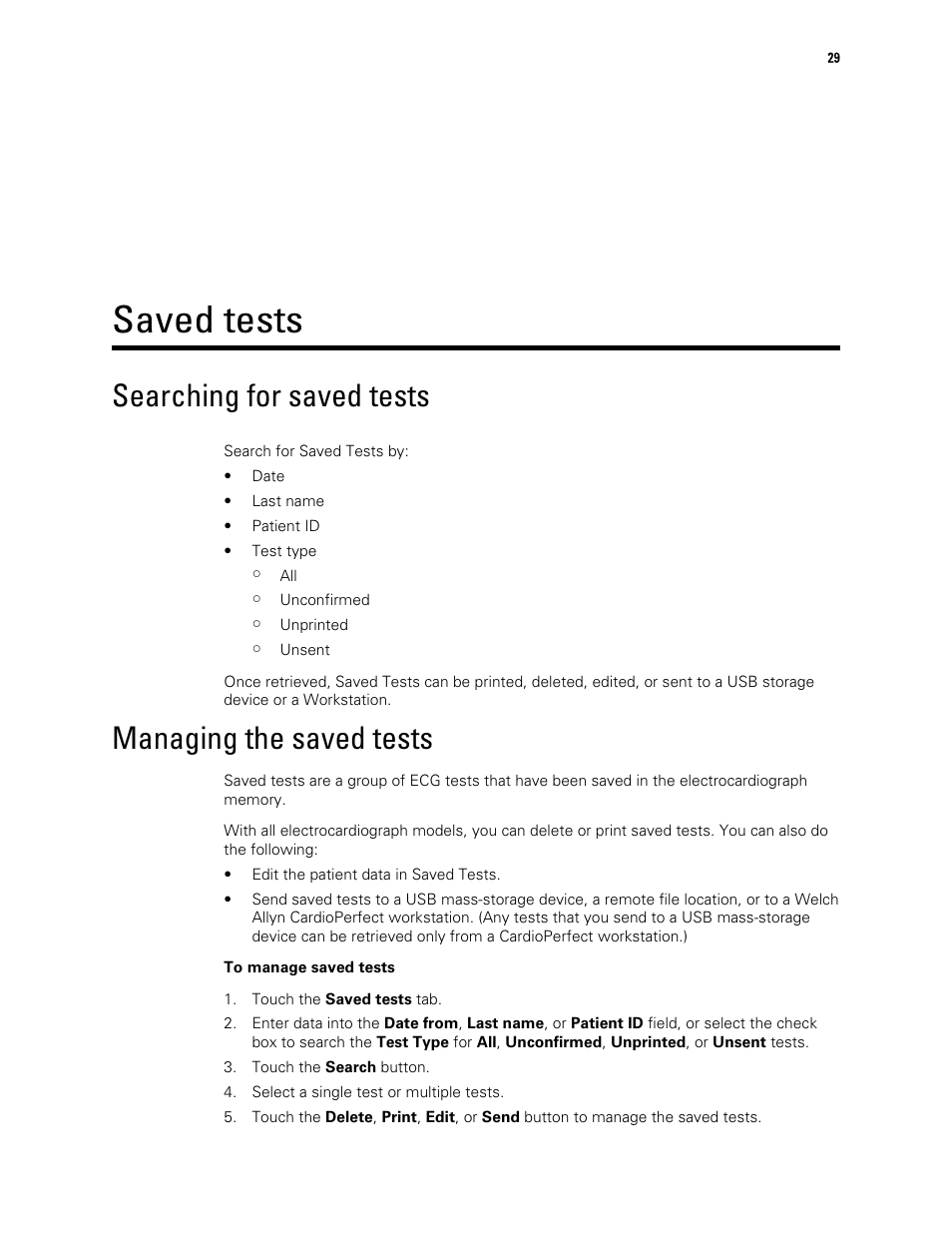 Saved tests, Searching for saved tests, Managing the saved tests | Welch Allyn CP 150 12-lead resting electrocardiograph v.2.00.XX - User Manual User Manual | Page 33 / 58