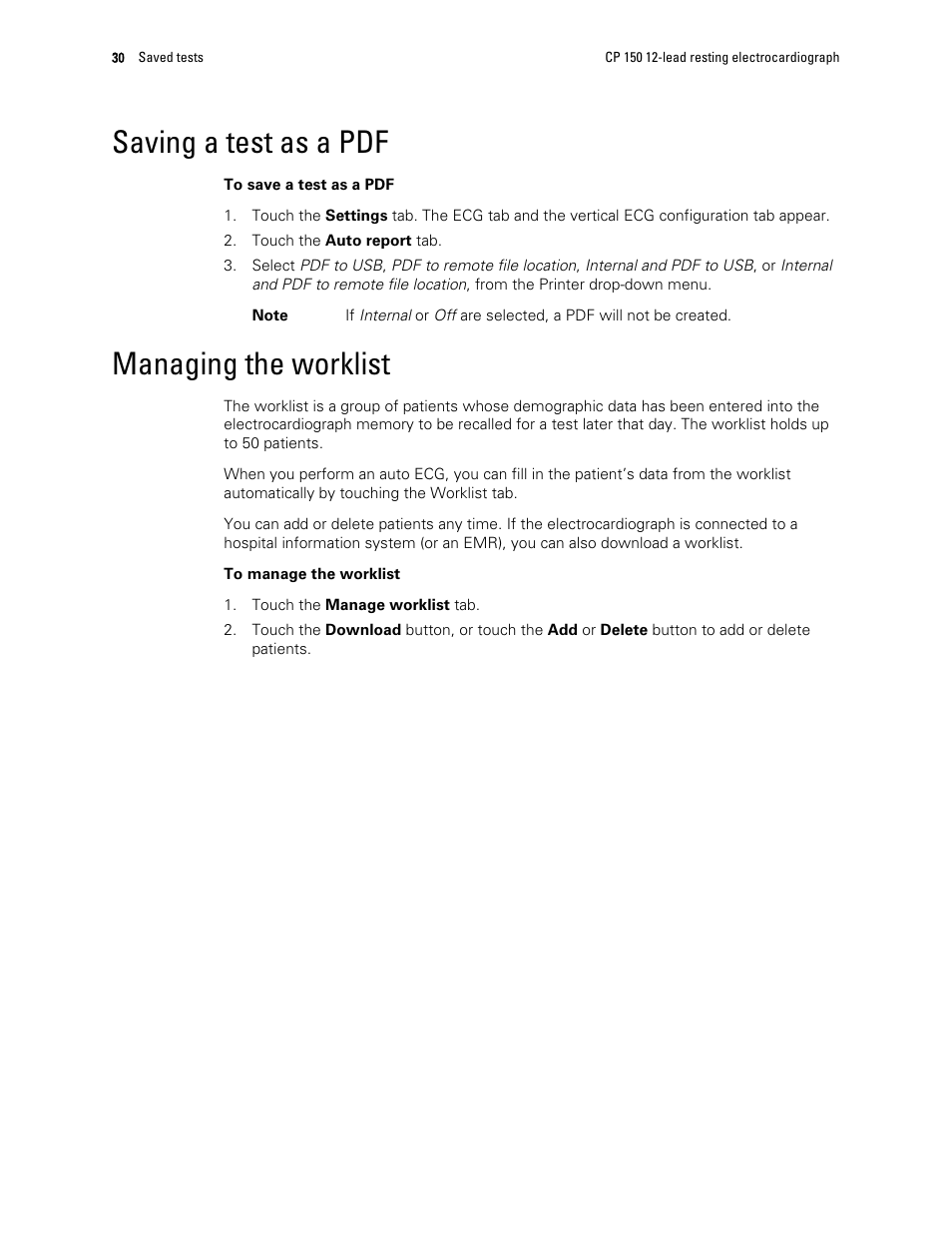Saving a test as a pdf, Managing the worklist | Welch Allyn CP 150 12-lead resting electrocardiograph v.2.00.XX - User Manual User Manual | Page 34 / 58