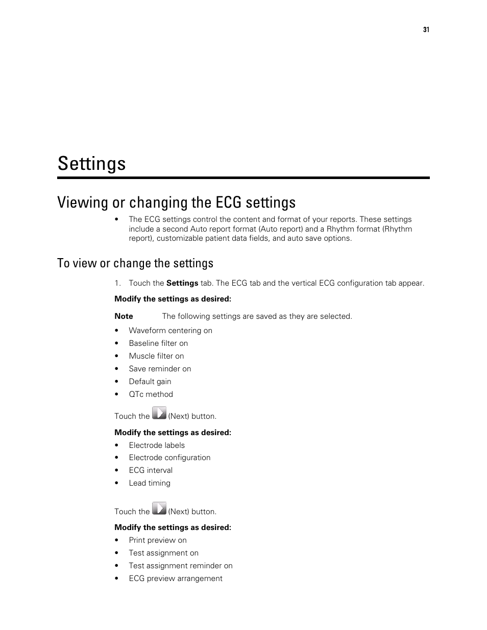 Settings, Viewing or changing the ecg settings, To view or change the settings | Welch Allyn CP 150 12-lead resting electrocardiograph v.2.00.XX - User Manual User Manual | Page 35 / 58