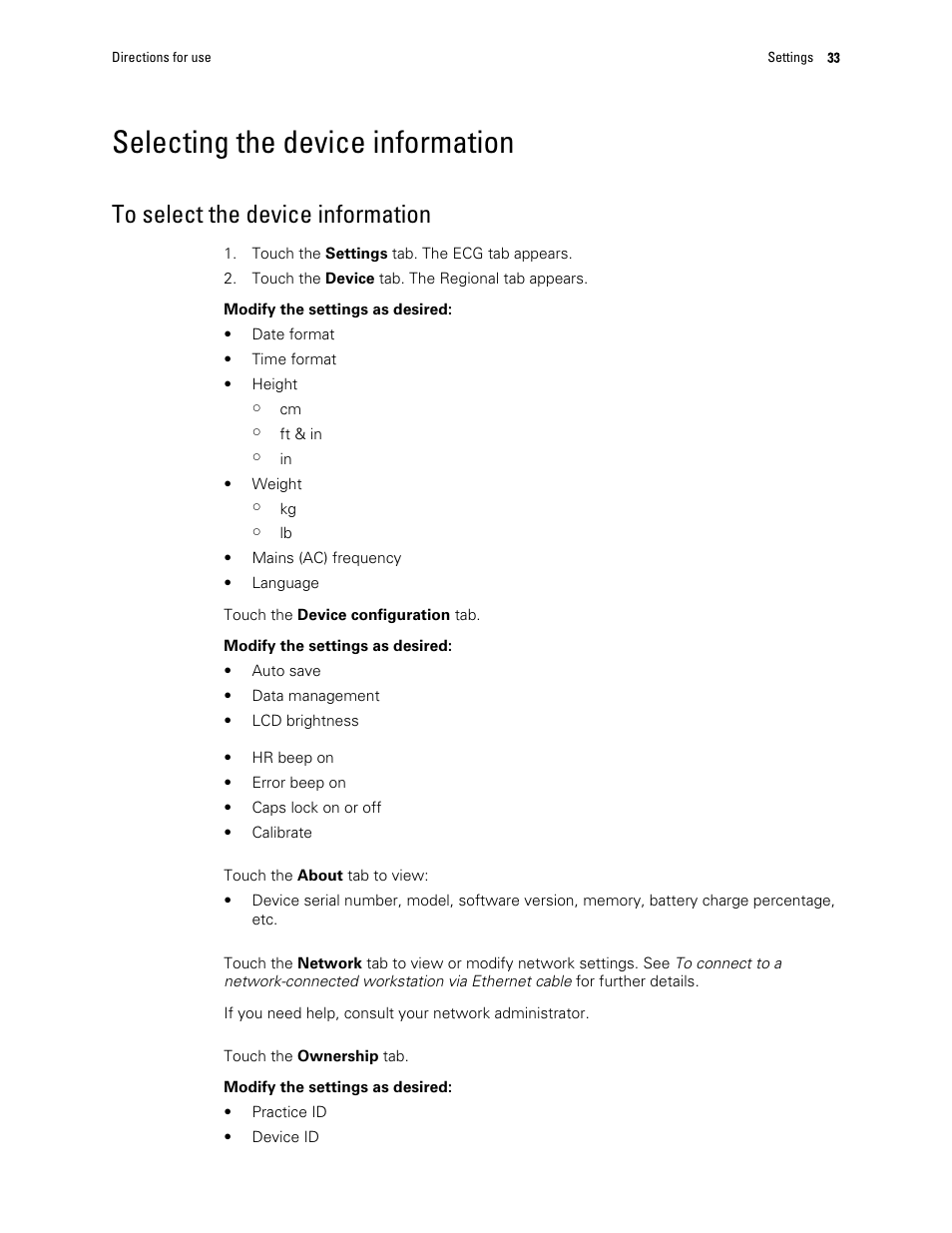 Selecting the device information, To select the device information | Welch Allyn CP 150 12-lead resting electrocardiograph v.2.00.XX - User Manual User Manual | Page 37 / 58