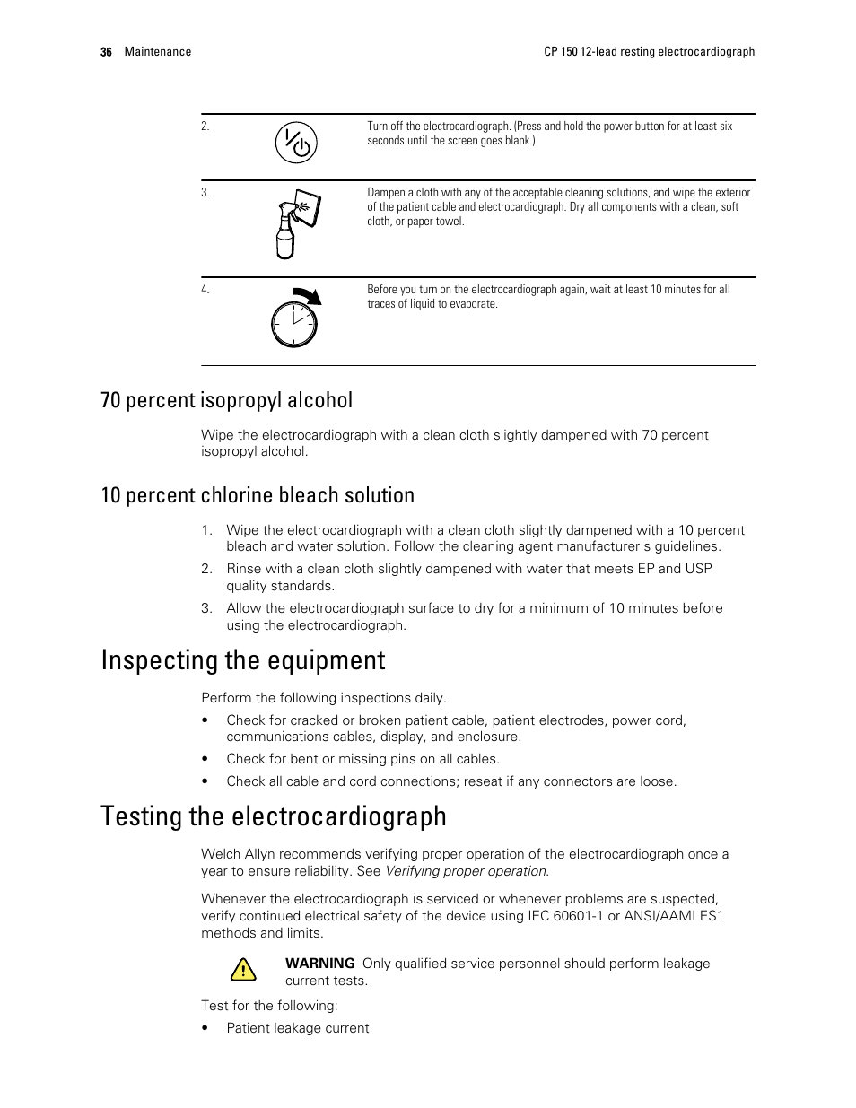 70 percent isopropyl alcohol, 10 percent chlorine bleach solution, Inspecting the equipment | Testing the electrocardiograph | Welch Allyn CP 150 12-lead resting electrocardiograph v.2.00.XX - User Manual User Manual | Page 40 / 58