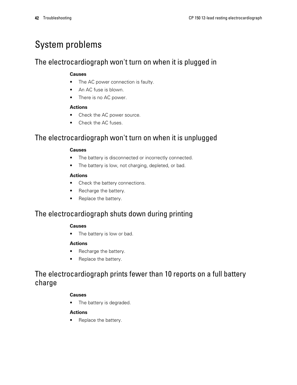 System problems, The electrocardiograph shuts down during printing | Welch Allyn CP 150 12-lead resting electrocardiograph v.2.00.XX - User Manual User Manual | Page 46 / 58