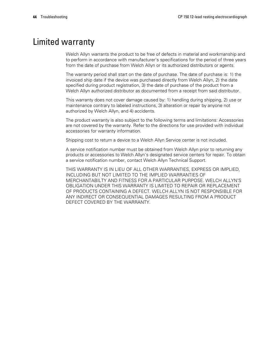 Limited warranty | Welch Allyn CP 150 12-lead resting electrocardiograph v.2.00.XX - User Manual User Manual | Page 48 / 58