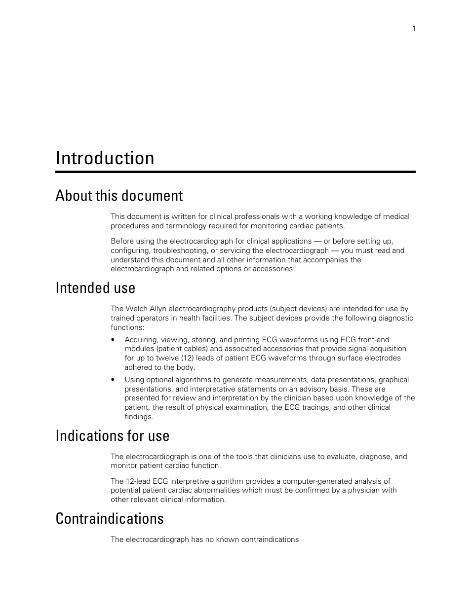 Introduction, About this document, Intended use | Indications for use, Contraindications | Welch Allyn CP 150 12-lead resting electrocardiograph v.2.00.XX - User Manual User Manual | Page 5 / 58