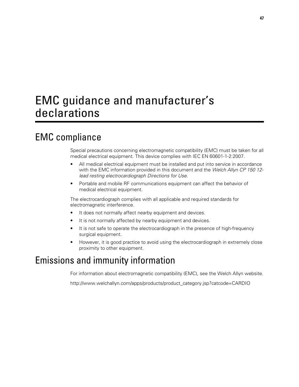 Emc guidance and manufacturer’s declarations, Emc compliance, Emissions and immunity information | Welch Allyn CP 150 12-lead resting electrocardiograph v.2.00.XX - User Manual User Manual | Page 51 / 58