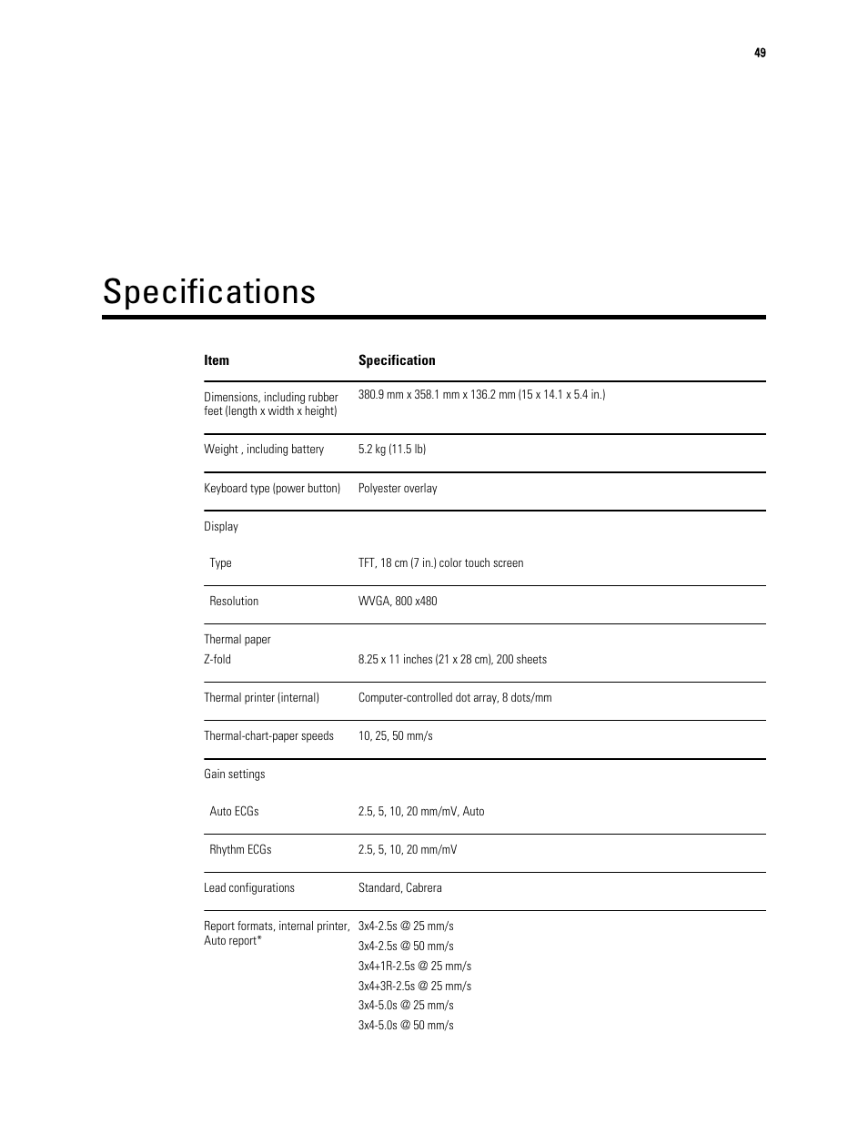 Specifications | Welch Allyn CP 150 12-lead resting electrocardiograph v.2.00.XX - User Manual User Manual | Page 53 / 58