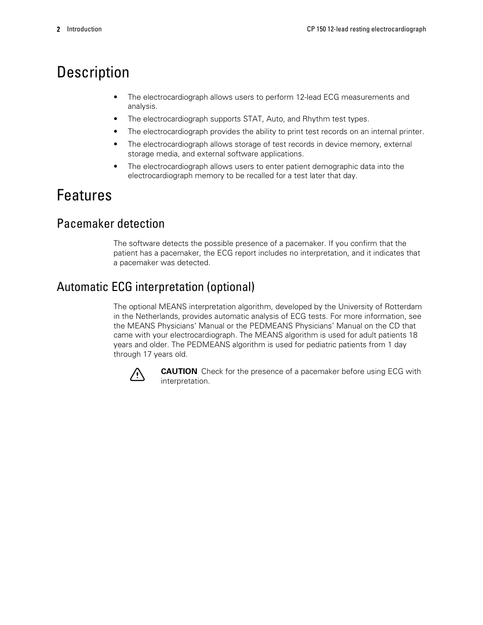 Description, Features, Pacemaker detection | Automatic ecg interpretation (optional) | Welch Allyn CP 150 12-lead resting electrocardiograph v.2.00.XX - User Manual User Manual | Page 6 / 58