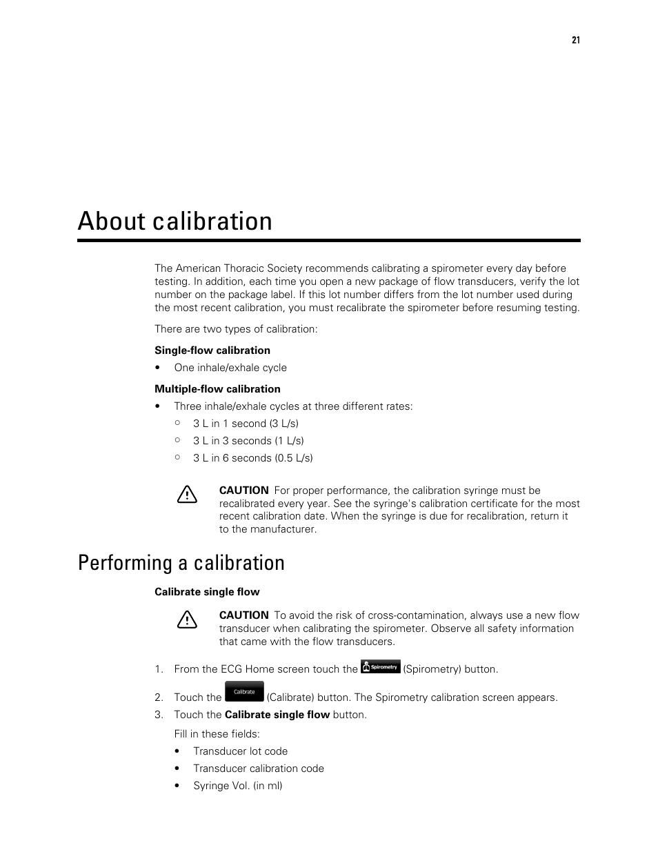 About calibration, Performing a calibration | Welch Allyn CP 150 spirometry option - User Manual User Manual | Page 25 / 68