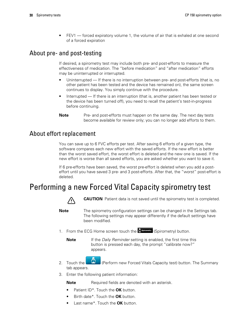 About pre- and post-testing, About effort replacement | Welch Allyn CP 150 spirometry option - User Manual User Manual | Page 34 / 68