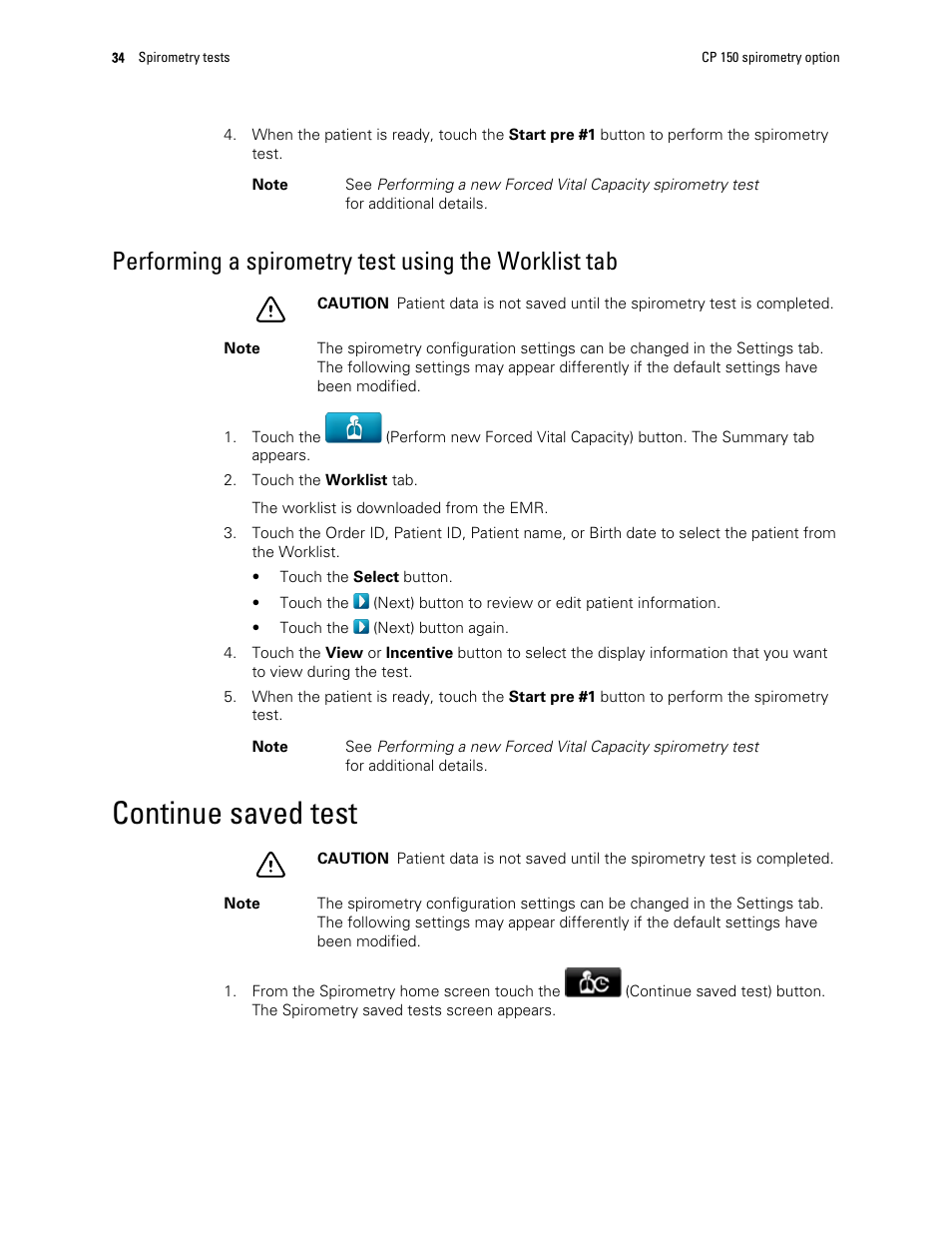 Continue saved test | Welch Allyn CP 150 spirometry option - User Manual User Manual | Page 38 / 68