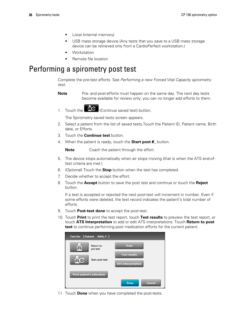 Performing a spirometry post test | Welch Allyn CP 150 spirometry option - User Manual User Manual | Page 40 / 68