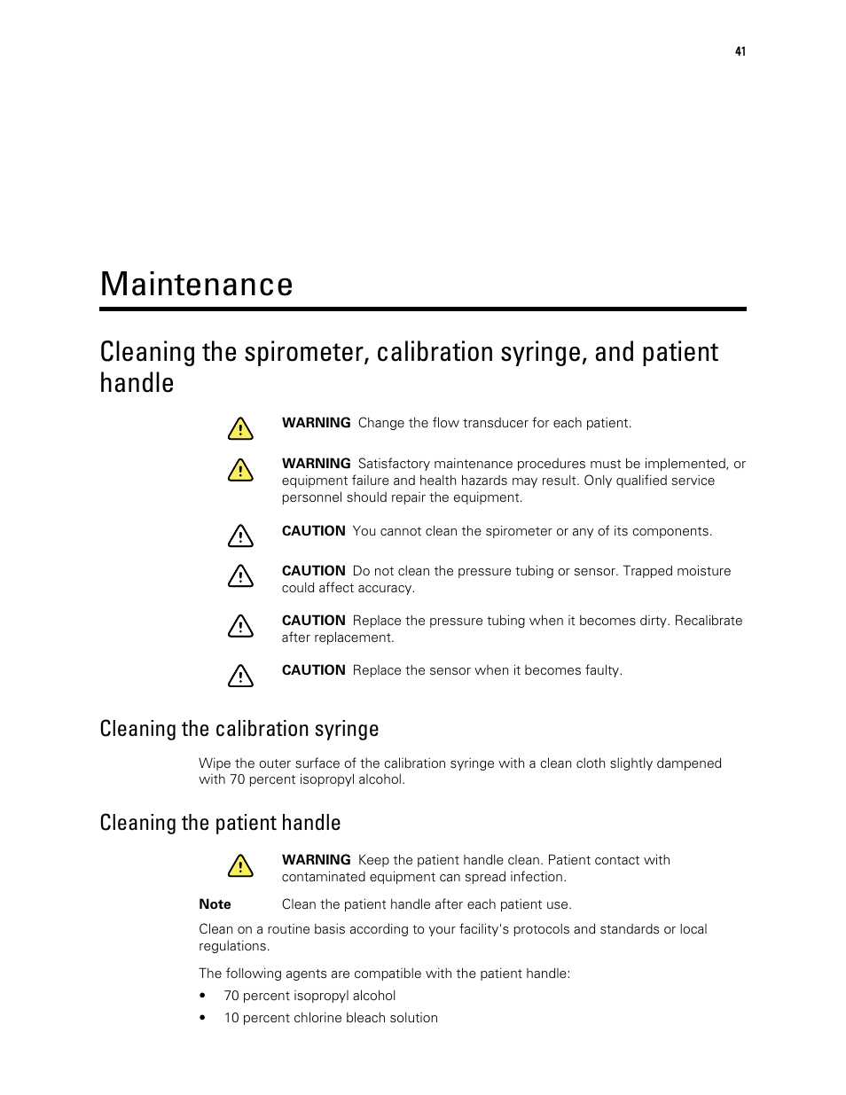 Maintenance, Cleaning the calibration syringe, Cleaning the patient handle | Welch Allyn CP 150 spirometry option - User Manual User Manual | Page 45 / 68