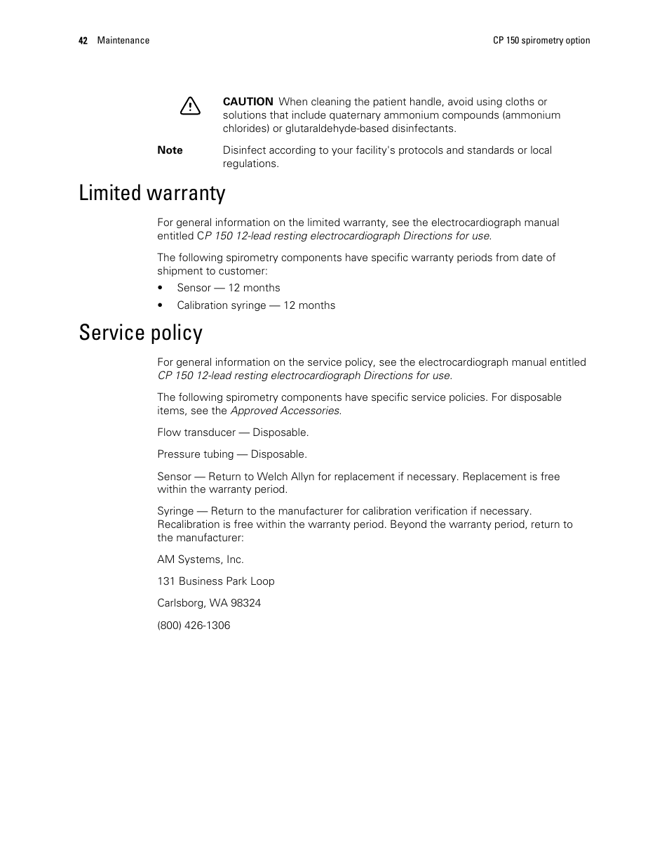 Limited warranty, Service policy | Welch Allyn CP 150 spirometry option - User Manual User Manual | Page 46 / 68