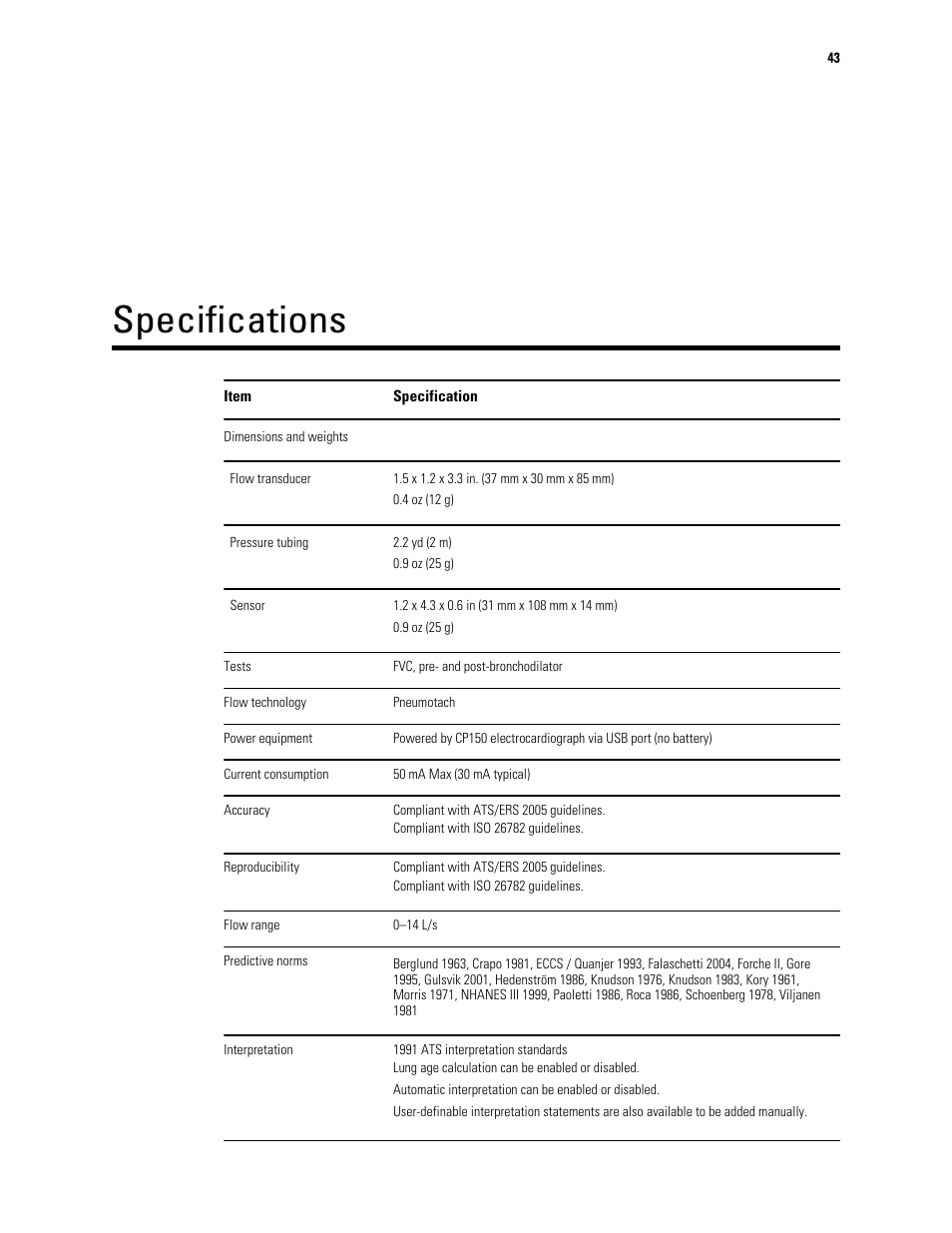 Specifications | Welch Allyn CP 150 spirometry option - User Manual User Manual | Page 47 / 68