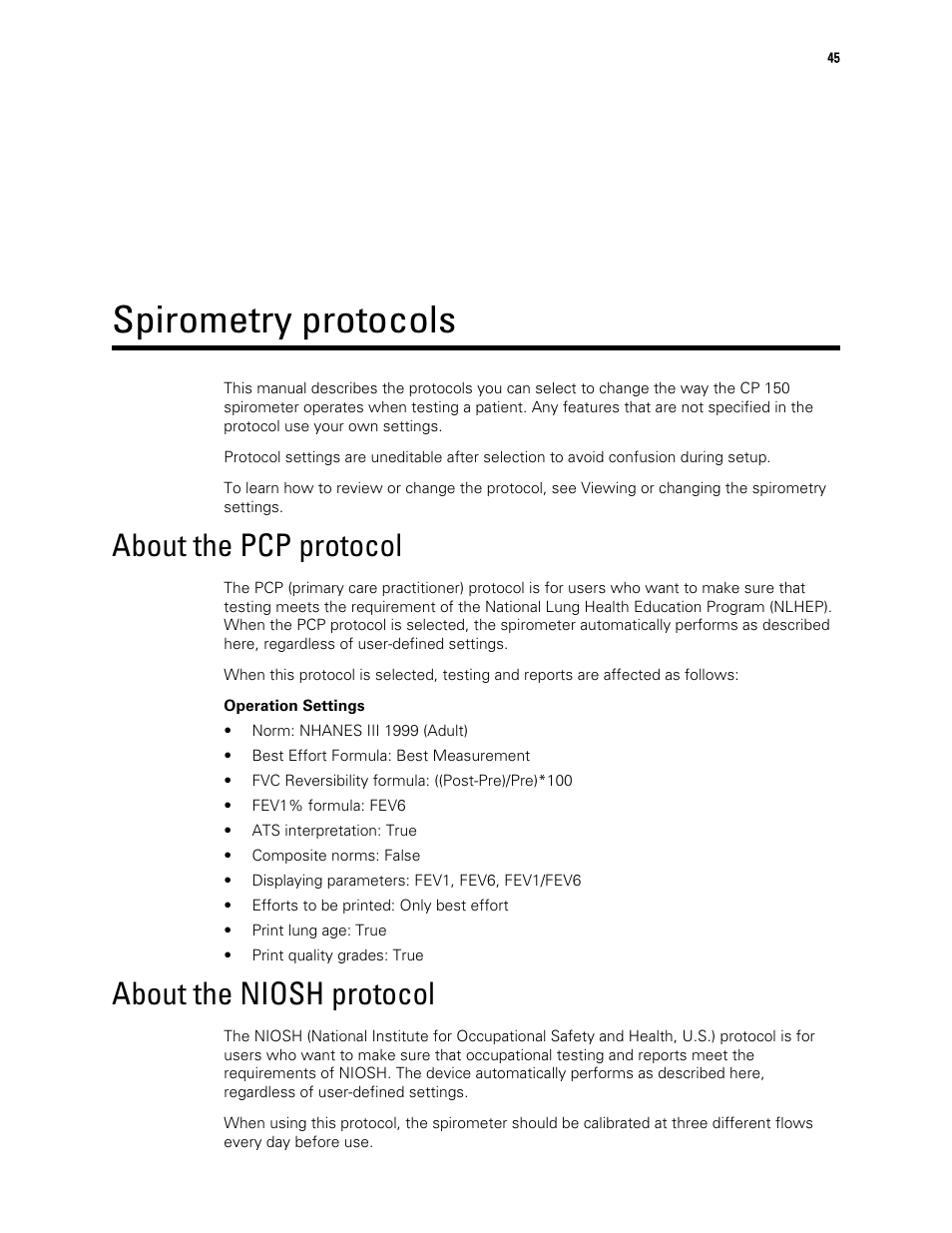 Spirometry protocols, About the pcp protocol, About the niosh protocol | Welch Allyn CP 150 spirometry option - User Manual User Manual | Page 49 / 68