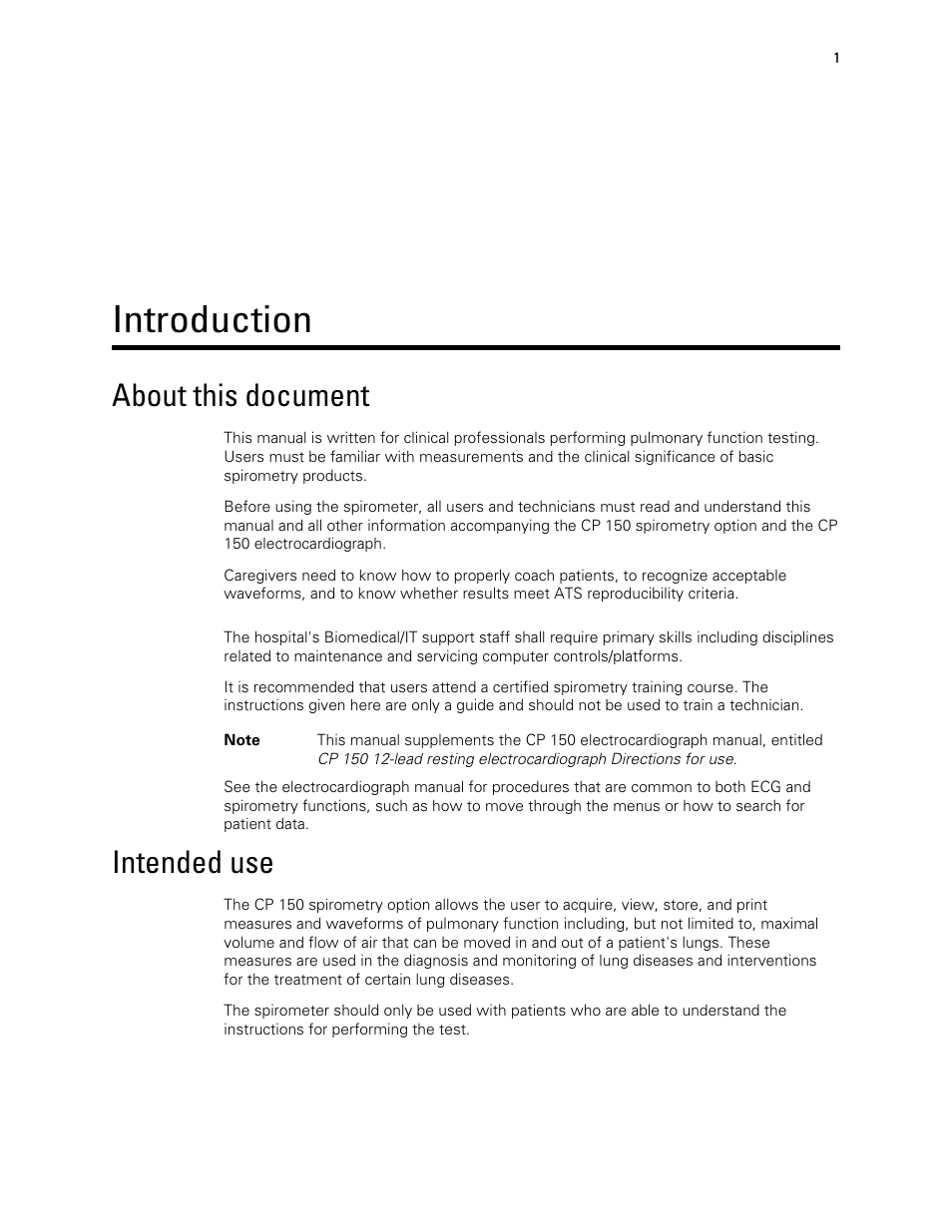 Introduction, About this document, Intended use | Welch Allyn CP 150 spirometry option - User Manual User Manual | Page 5 / 68