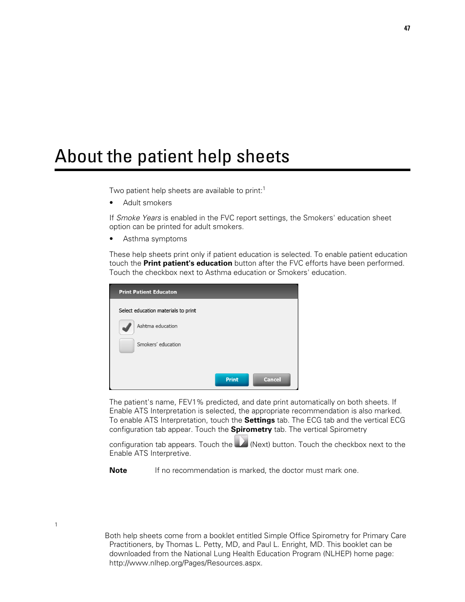 About the patient help sheets | Welch Allyn CP 150 spirometry option - User Manual User Manual | Page 51 / 68