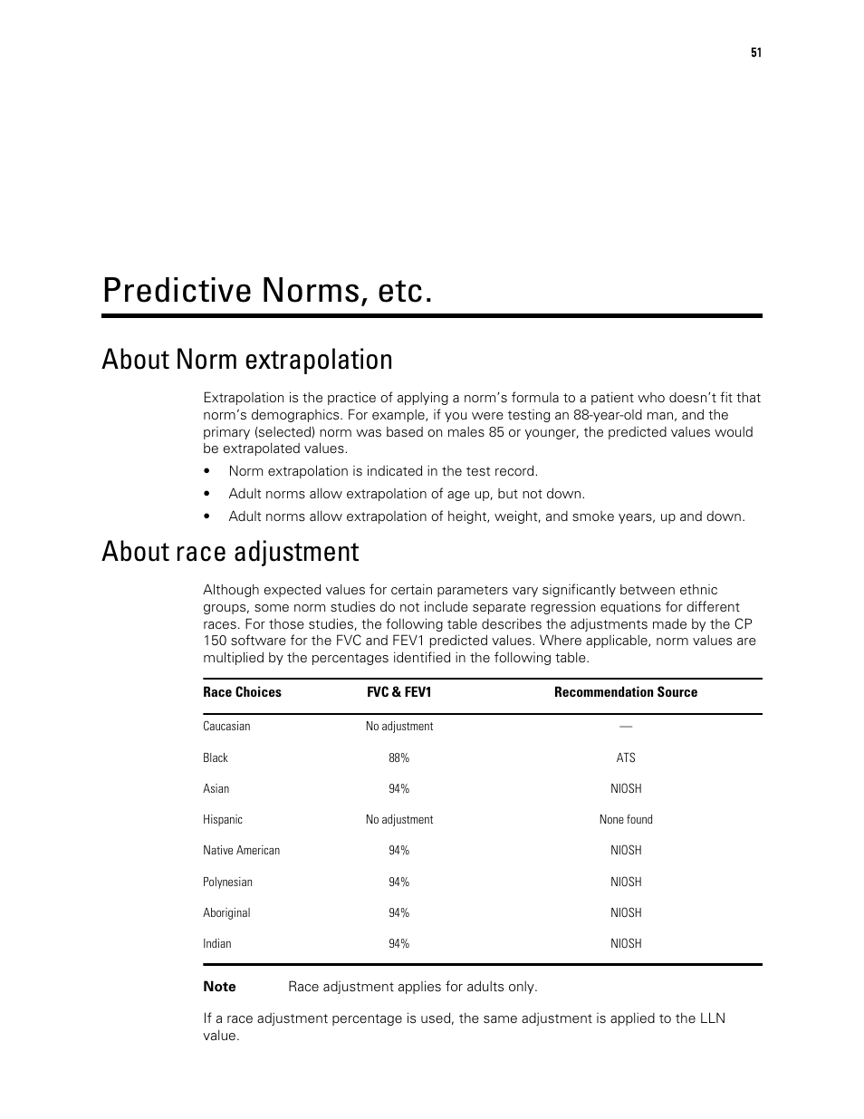 Predictive norms, etc, About norm extrapolation, About race adjustment | Welch Allyn CP 150 spirometry option - User Manual User Manual | Page 55 / 68