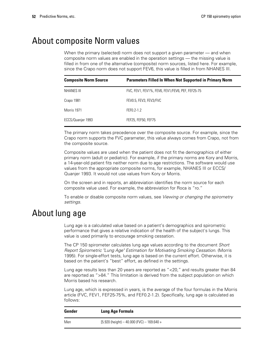 About composite norm values, About lung age | Welch Allyn CP 150 spirometry option - User Manual User Manual | Page 56 / 68