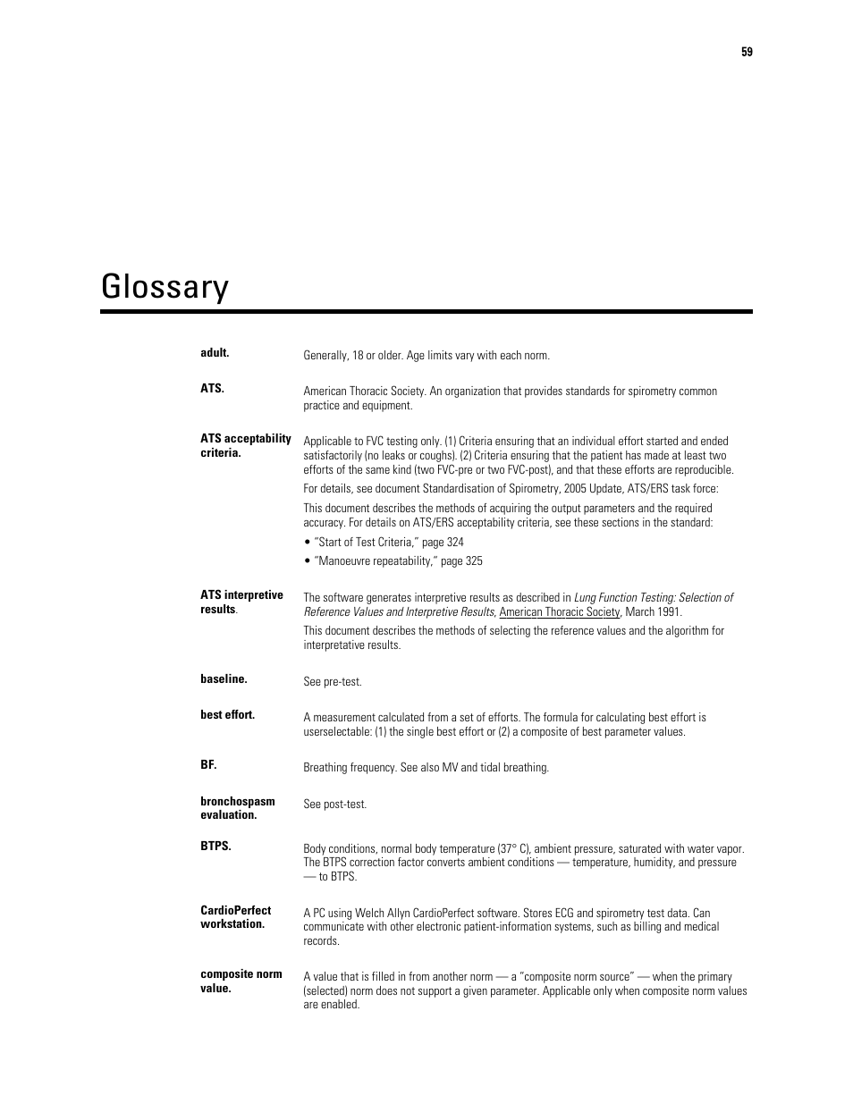 Glossary | Welch Allyn CP 150 spirometry option - User Manual User Manual | Page 63 / 68