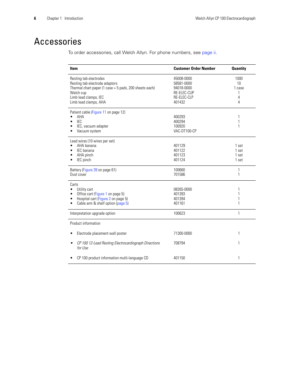 Accessories | Welch Allyn CP 100 12-Lead Resting Electrocardiograph - User Manual User Manual | Page 10 / 90