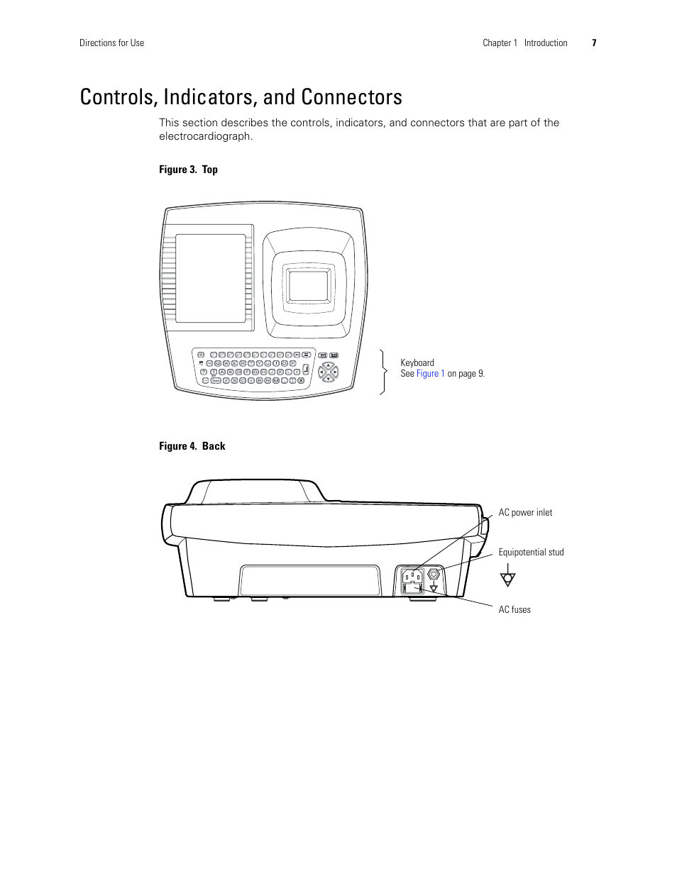 Controls, indicators, and connectors, Directions for use chapter 1 introduction 7 | Welch Allyn CP 100 12-Lead Resting Electrocardiograph - User Manual User Manual | Page 11 / 90