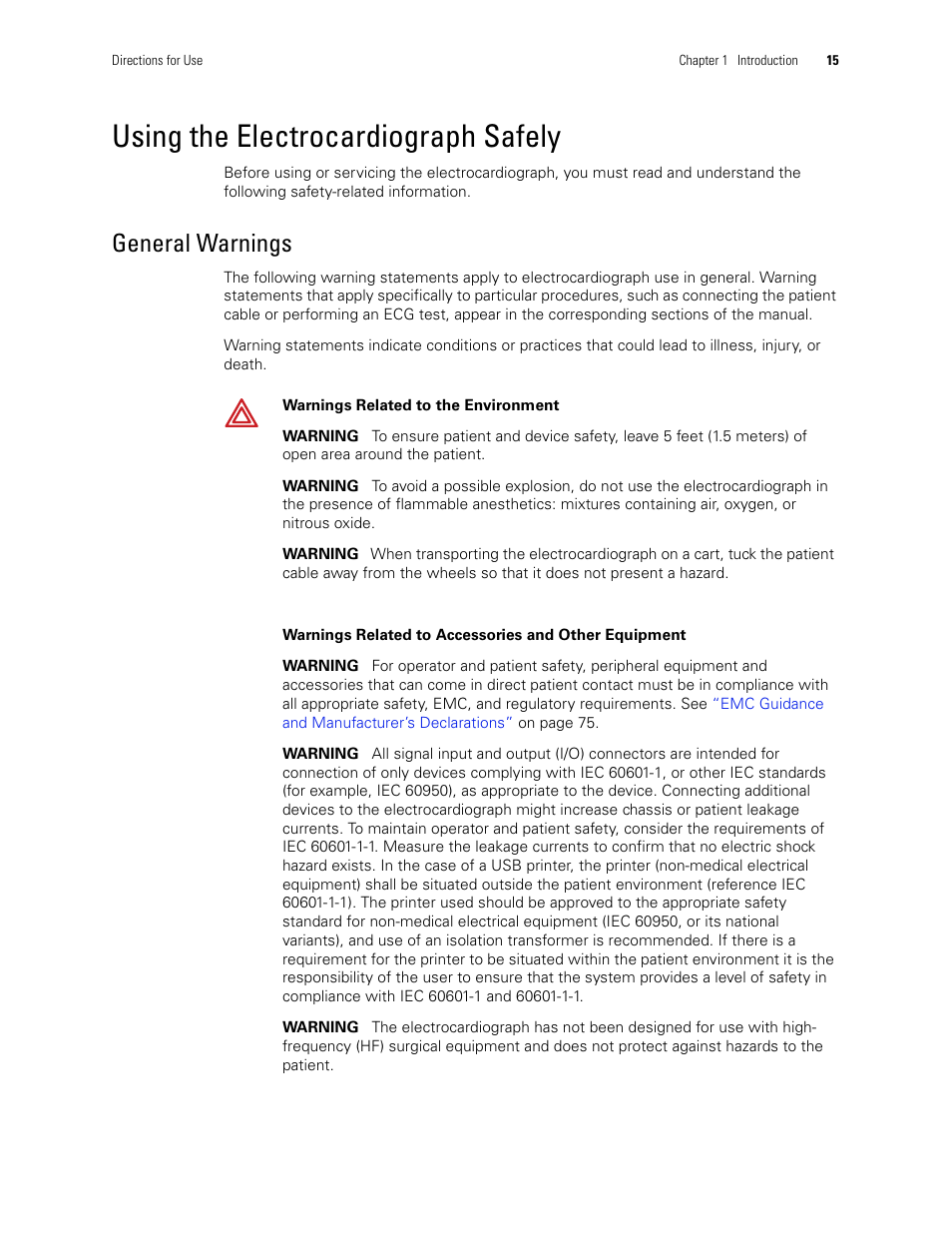 Using the electrocardiograph safely, General warnings | Welch Allyn CP 100 12-Lead Resting Electrocardiograph - User Manual User Manual | Page 19 / 90