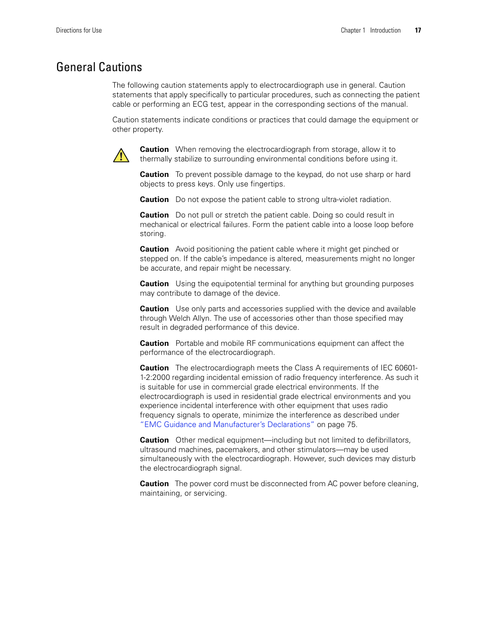 General cautions | Welch Allyn CP 100 12-Lead Resting Electrocardiograph - User Manual User Manual | Page 21 / 90