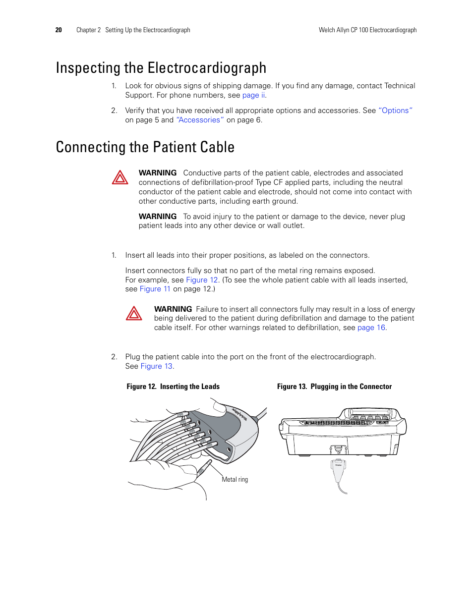 Inspecting the electrocardiograph, Connecting the patient cable, Connecting the | Patient cable | Welch Allyn CP 100 12-Lead Resting Electrocardiograph - User Manual User Manual | Page 24 / 90