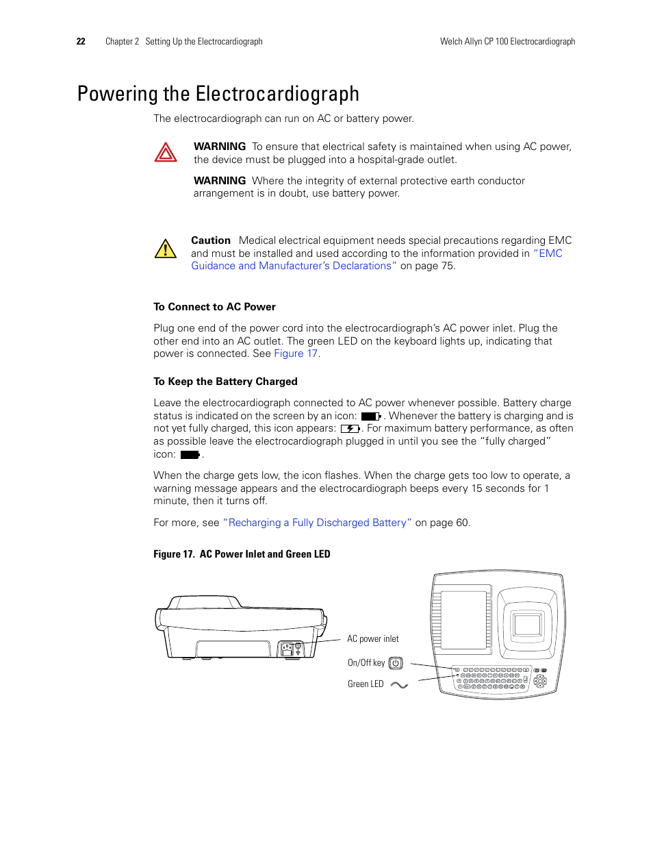 Powering the electrocardiograph | Welch Allyn CP 100 12-Lead Resting Electrocardiograph - User Manual User Manual | Page 26 / 90
