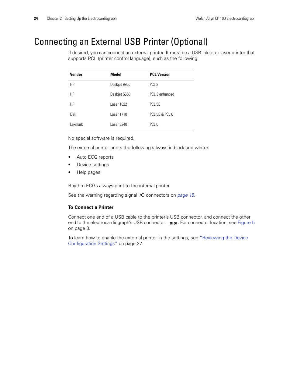 Connecting an external usb printer (optional), Connecting an external usb printer, Optional) | Welch Allyn CP 100 12-Lead Resting Electrocardiograph - User Manual User Manual | Page 28 / 90