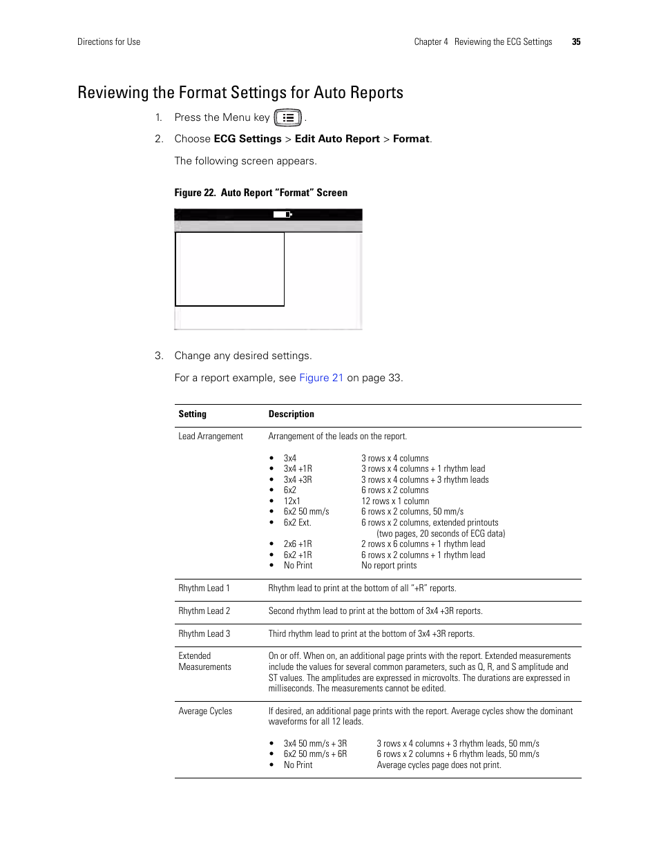Reviewing the format settings for auto reports | Welch Allyn CP 100 12-Lead Resting Electrocardiograph - User Manual User Manual | Page 39 / 90