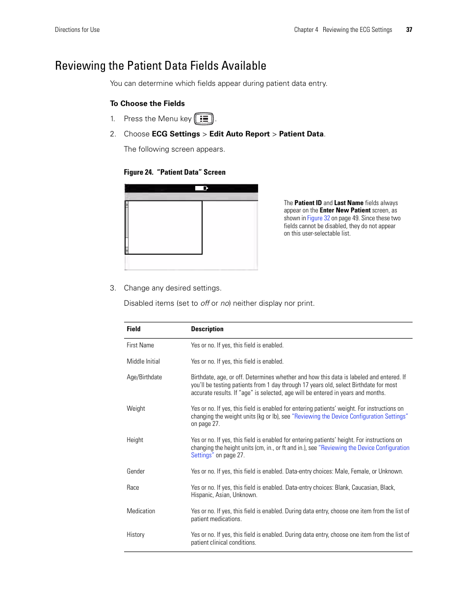 Reviewing the patient data fields available | Welch Allyn CP 100 12-Lead Resting Electrocardiograph - User Manual User Manual | Page 41 / 90