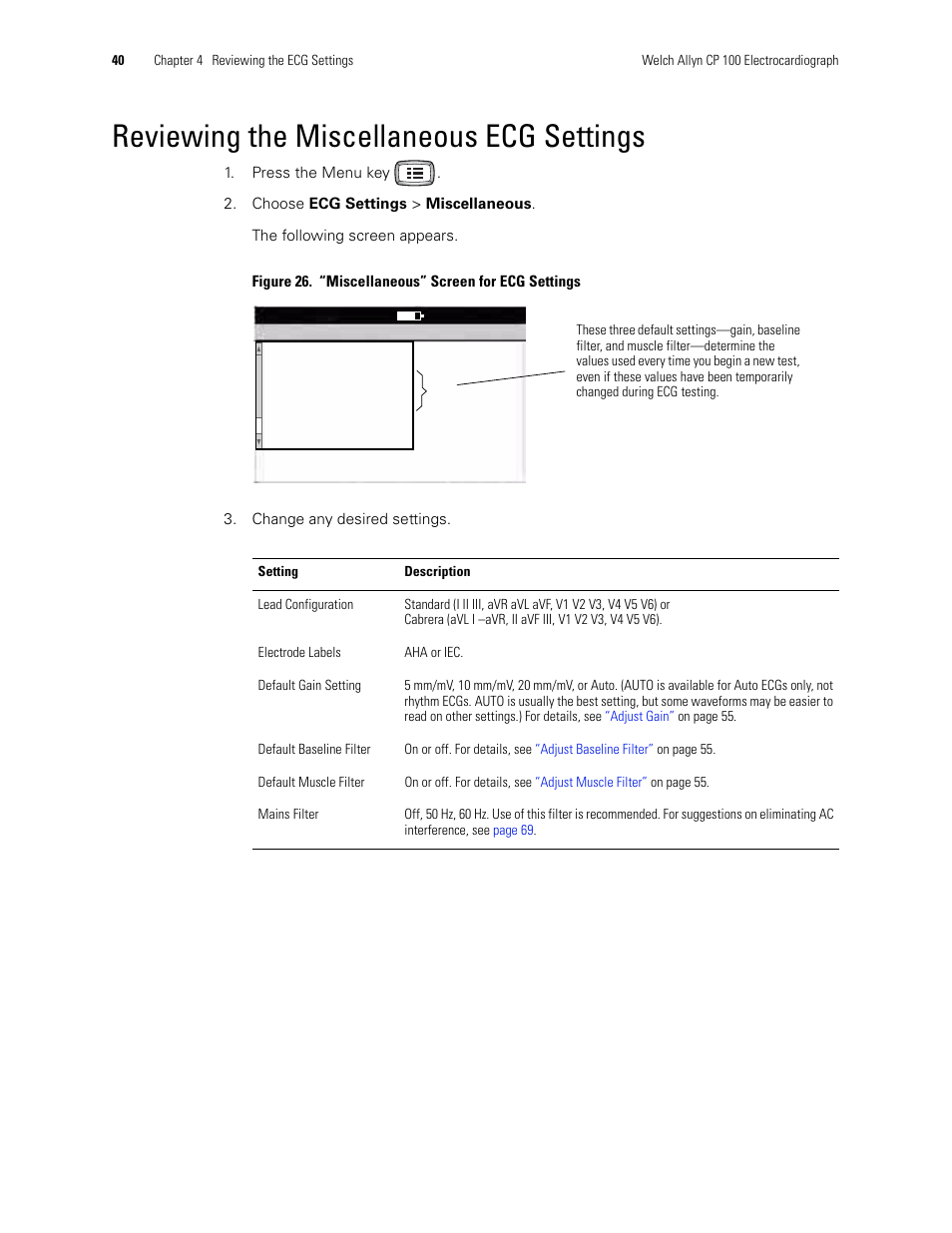 Reviewing the miscellaneous ecg settings | Welch Allyn CP 100 12-Lead Resting Electrocardiograph - User Manual User Manual | Page 44 / 90