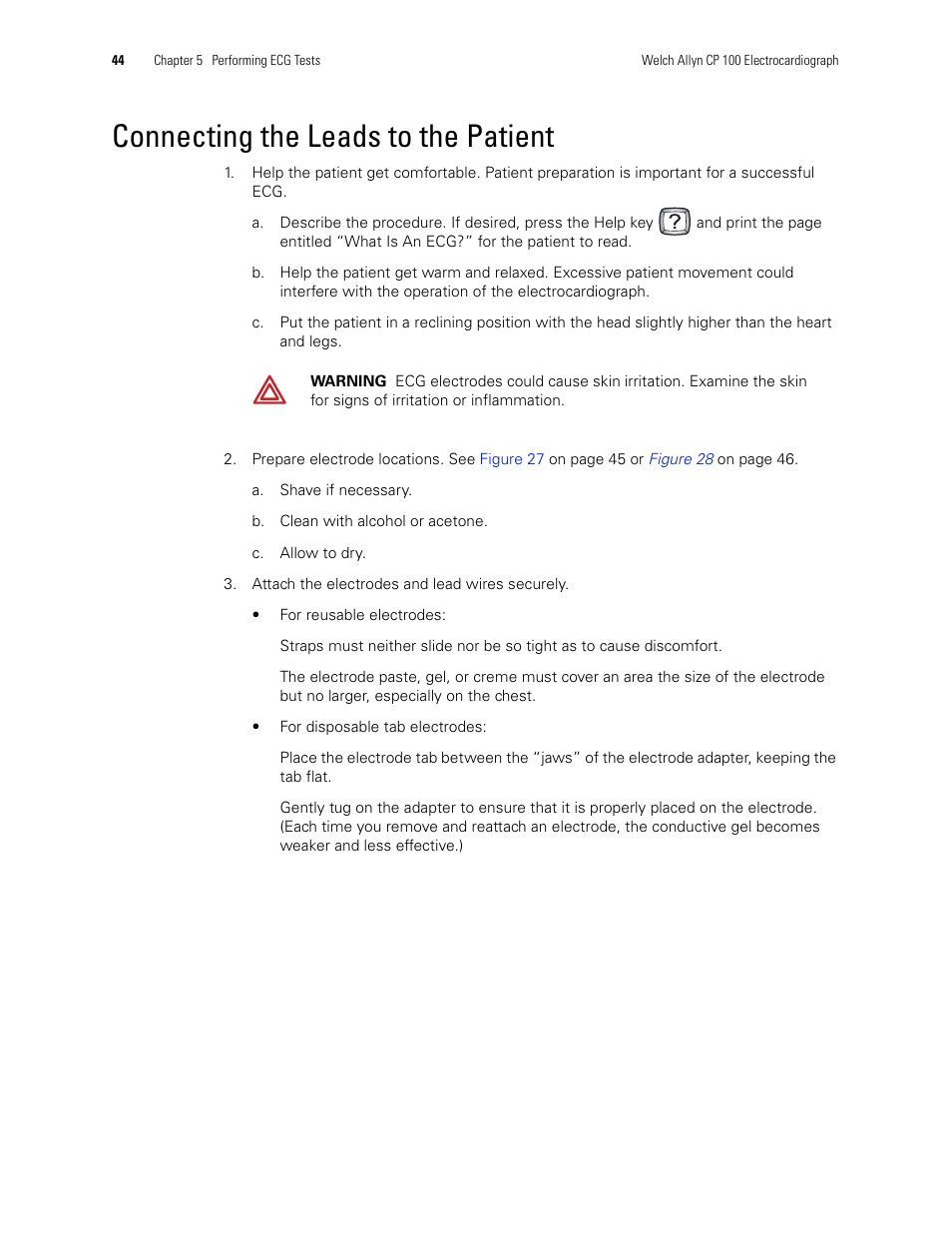 Connecting the leads to the patient | Welch Allyn CP 100 12-Lead Resting Electrocardiograph - User Manual User Manual | Page 48 / 90