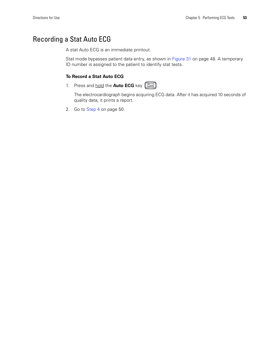 Recording a stat auto ecg | Welch Allyn CP 100 12-Lead Resting Electrocardiograph - User Manual User Manual | Page 57 / 90