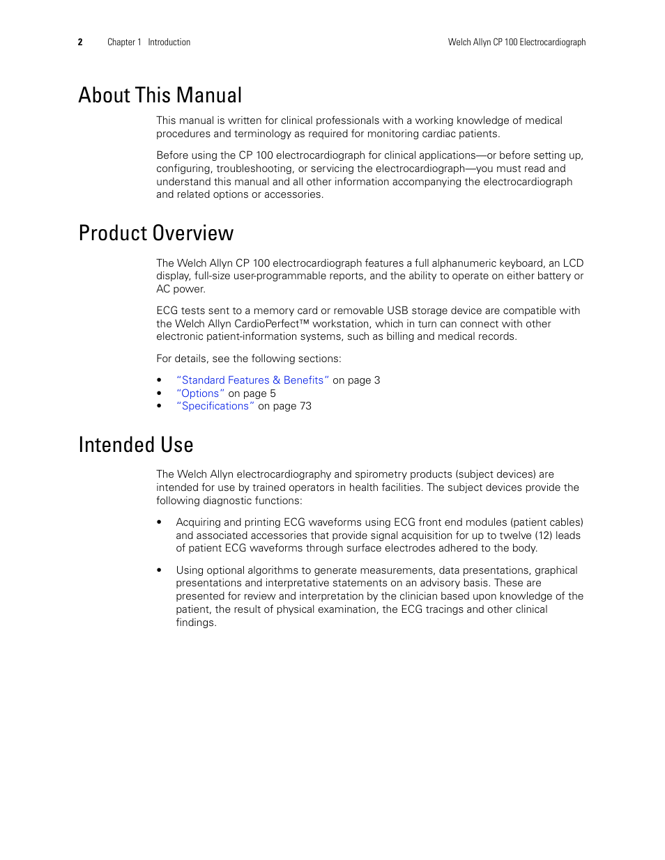 About this manual, Product overview, Intended use | About this manual product overview intended use | Welch Allyn CP 100 12-Lead Resting Electrocardiograph - User Manual User Manual | Page 6 / 90