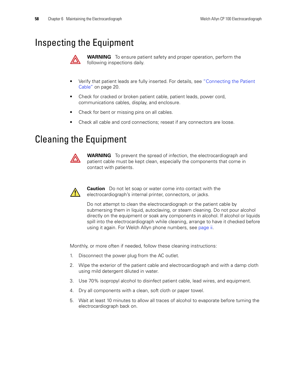 Inspecting the equipment, Cleaning the equipment, Inspecting the equipment cleaning the equipment | Welch Allyn CP 100 12-Lead Resting Electrocardiograph - User Manual User Manual | Page 62 / 90