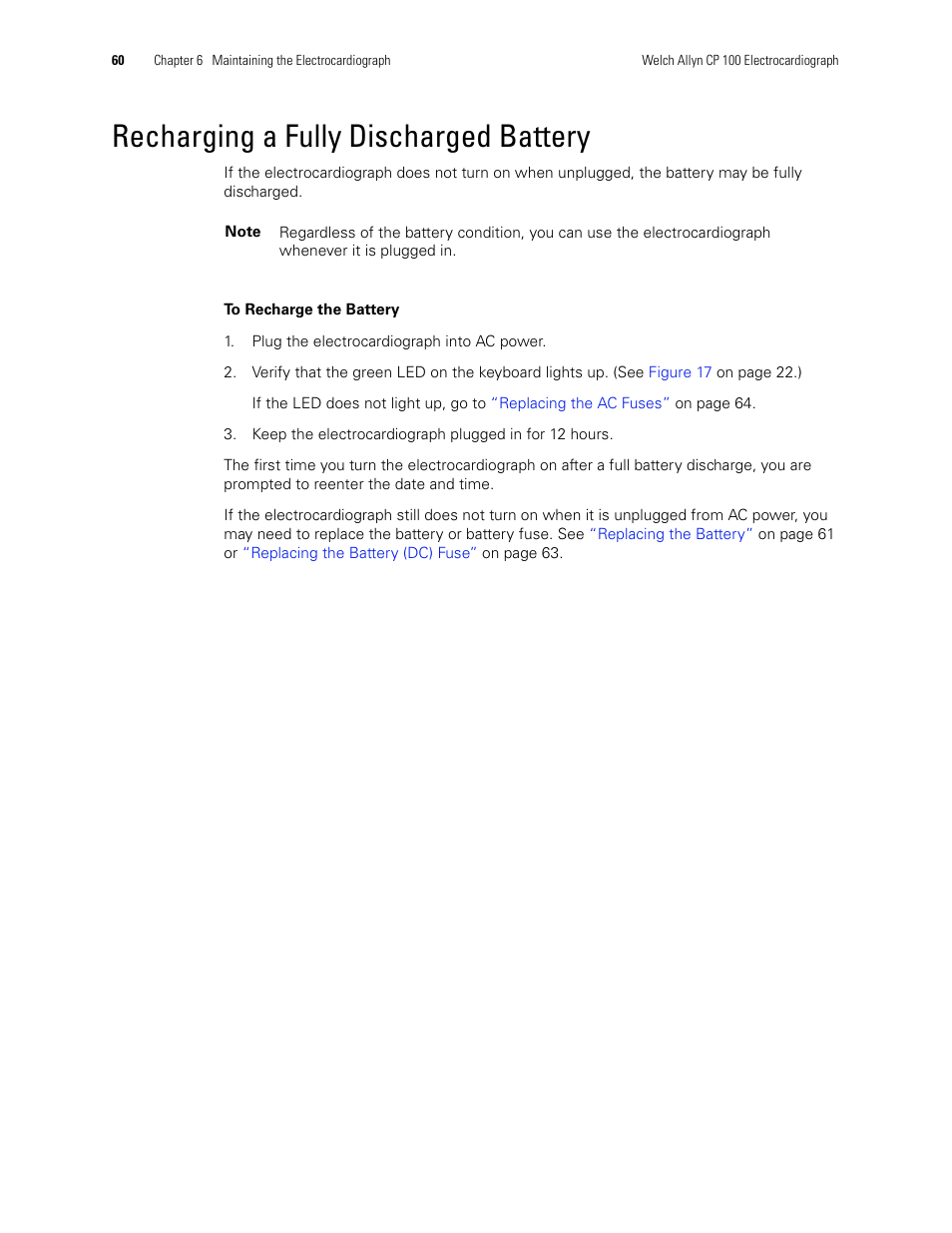 Recharging a fully discharged battery | Welch Allyn CP 100 12-Lead Resting Electrocardiograph - User Manual User Manual | Page 64 / 90