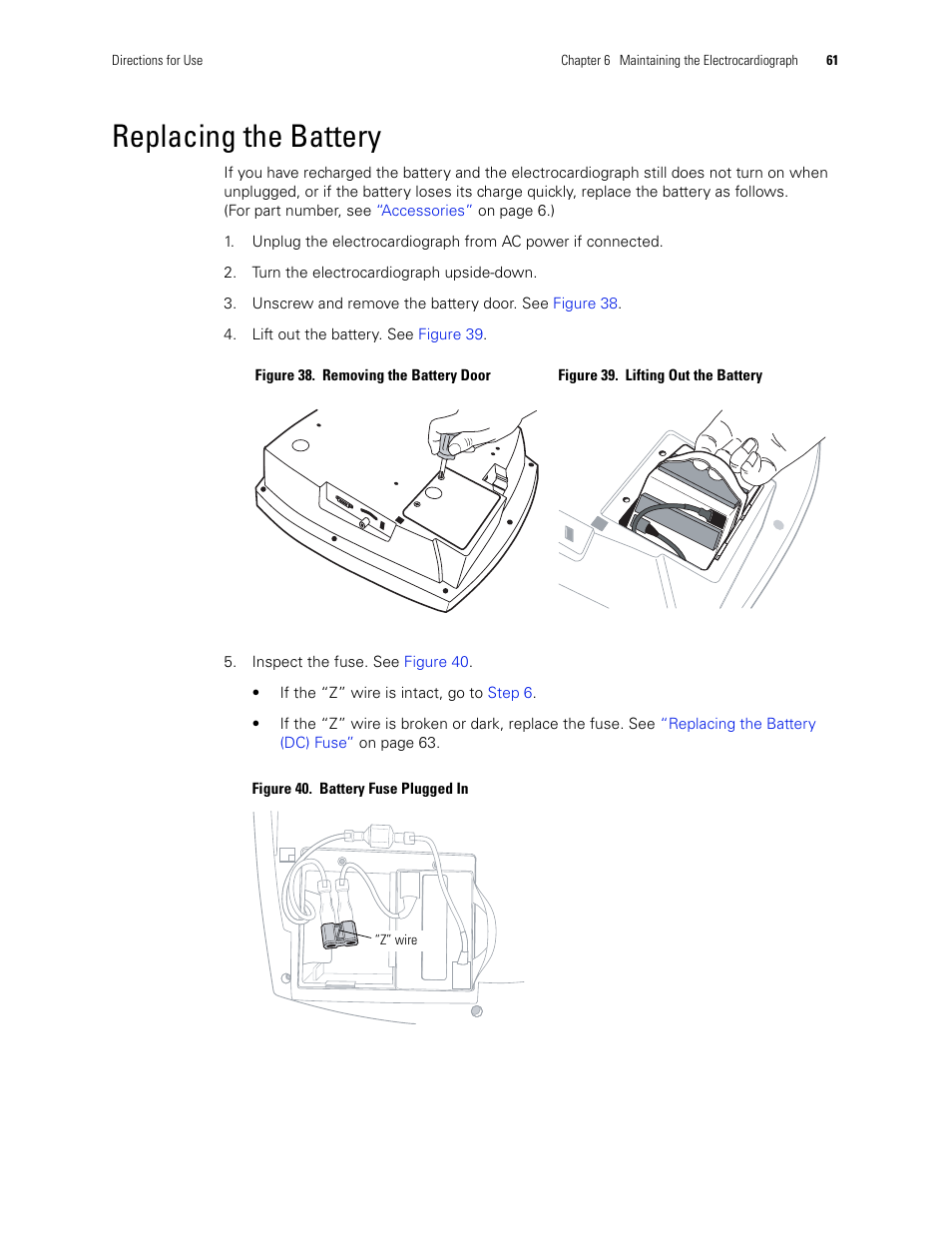 Replacing the battery, Battery, Figure 39 | Welch Allyn CP 100 12-Lead Resting Electrocardiograph - User Manual User Manual | Page 65 / 90