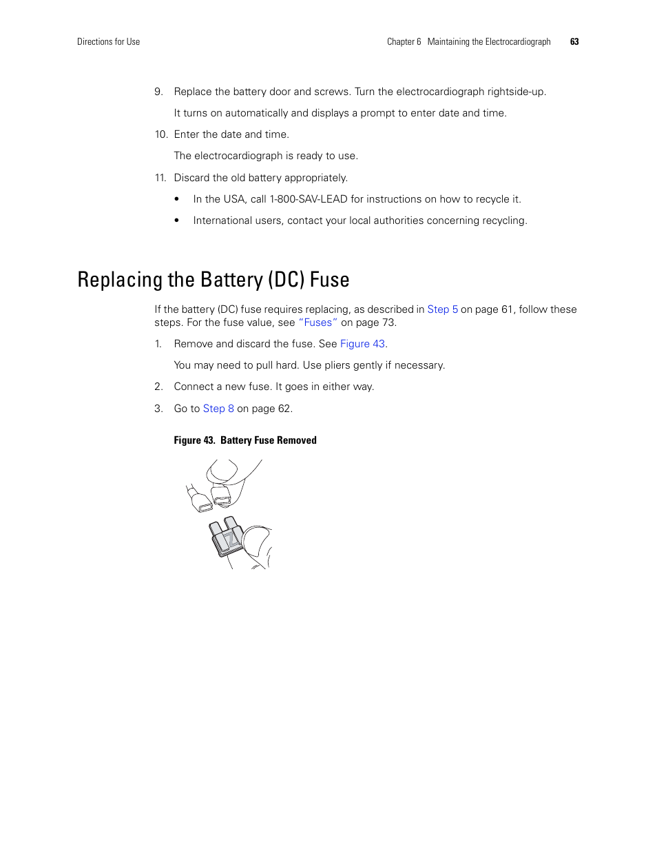 Replacing the battery (dc) fuse, Replacing the battery, Dc) fuse | Welch Allyn CP 100 12-Lead Resting Electrocardiograph - User Manual User Manual | Page 67 / 90