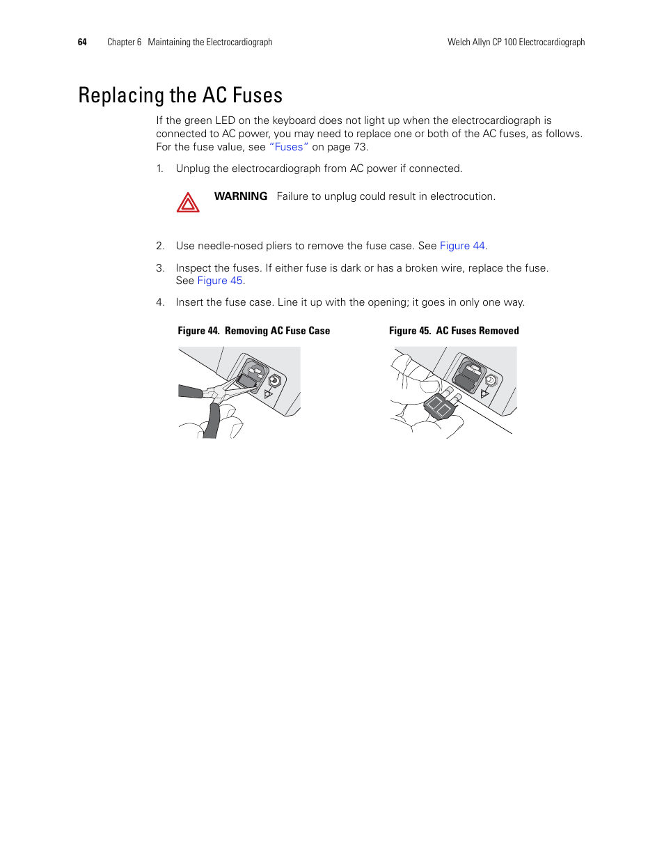 Replacing the ac fuses | Welch Allyn CP 100 12-Lead Resting Electrocardiograph - User Manual User Manual | Page 68 / 90